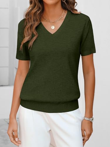 Image of ANRABESS Women Wool Blend Sweater Summer 2026 Short Sleeve V Neck Pullover Top Business Casual Outfit Beach Vacation Clothes