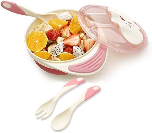 Baby Suction Stay Put Bowl for Toddler and 6 Months Solid Feeding - Feeding Bowl Set 3 in 1 - PP Baby Bowl and Cutlery Set PP Fork and Spoon, BPA Free Baby Training Bowl(Bunny, Pink)