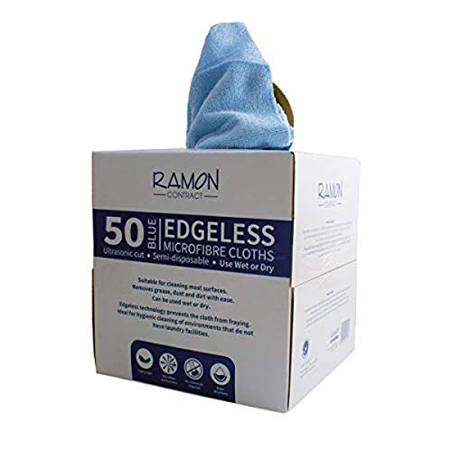 Ramon Contract Professional 50 Blue Hygienic Cleaning Edgeless Microfibre Cloths Semi-Disposable Used Wet or Dry,Cleaning,Grease,Dust,Dirt