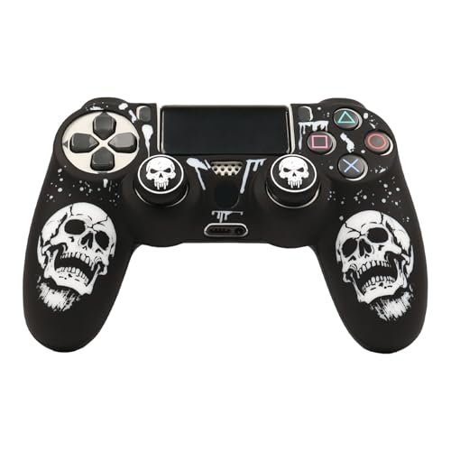 RALAN DUALSHOCK4用コントローラーケース シリコン製 ジョイスティックキャップ2個付き ブラック パーフェクトフィット 人間工学に基づいた快適なジョイスティック (黒と白の頭蓋骨)