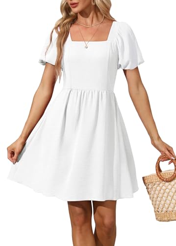 OFEEFAN Women s Casual Dresses White Summer Puff Sleeve Square Neck A-Line Mini Dress with Zipper M