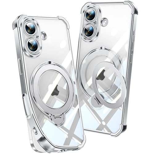 Image of Soft Case for iPhone 16 with 360 Rotating Magnetic Stand, Compatible with Mag-Safe, 4X MIL-Drop Protection, Lightweight Glossy Anti-Yellowing Clear Back Phone Cover for iPhone 16, Silver