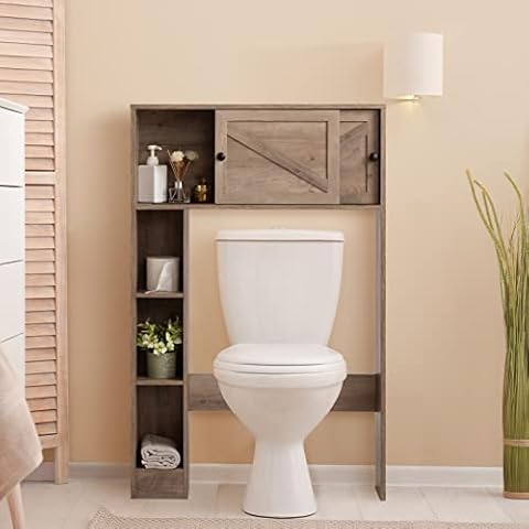 ALIMORDEN Over The Toilet Storage Cabinet, Bathroom Organizer Shelf with 2 Sliding Doors Cover