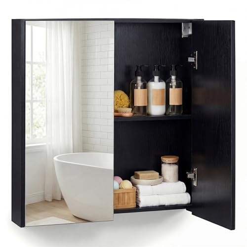 LIFEZEAL Armoire avec Miroir de Salle de Bain, Armoire Murale avec 2 Portes et 2 Étagères, Meuble WC Suspendu, 62 x 11,3 x 65 cm, pour Salle de Bain, Chambre à Coucher (Noir1)