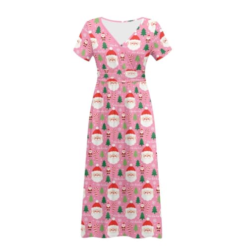 Image of Women's Fall Summer Short Sleeve Ankle Length V-Neck Party Dress with Pockets Size S-3XL