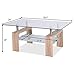 Tangkula Rectangular Glass Coffee Table, Tempered Coffee Table with Lower Shelf & Wooden Legs, Modern Center Tables for Living Room (Bright Wooden)