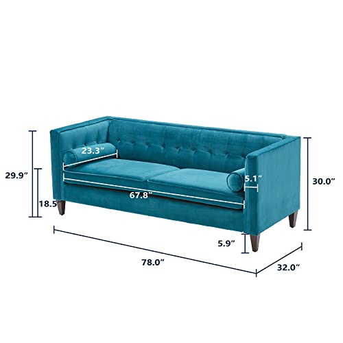 Dreamsir 78'' W Velvet Sofa, Mid-Century Love Seats Sofa Furniture With Bolster Pillows, Button Tufted Couch For Living Room, Tool-Free Assembly (Sofa, Peacock Blue) #TOP2