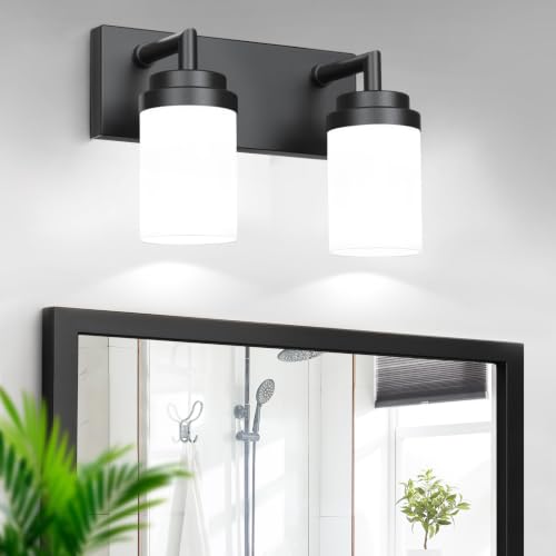 Image of Bathroom Light Fixtures, Matte Black Bathroom Lighting Fixtures Over Mirror, Modern Vanity Light with White Glass Shade, Restroom Lighting Fixtures, 2-Light 13-inch