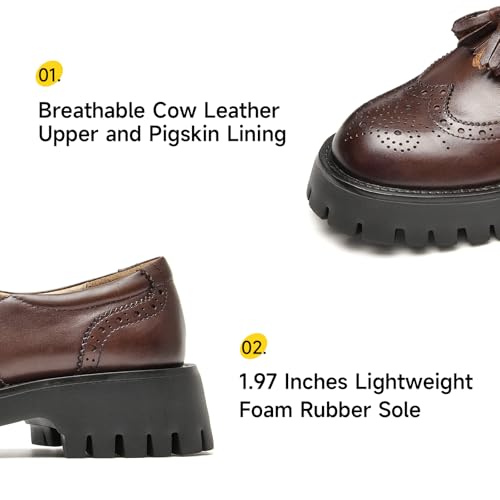 Image of BEAU TODAY Chunky Loafers for Women, Women's Leather Platform Loafers, Lug Sole Tassel Slip On Loafers Shoes Brogues Wingtip Casual Business Shoes Comfortable Dressy