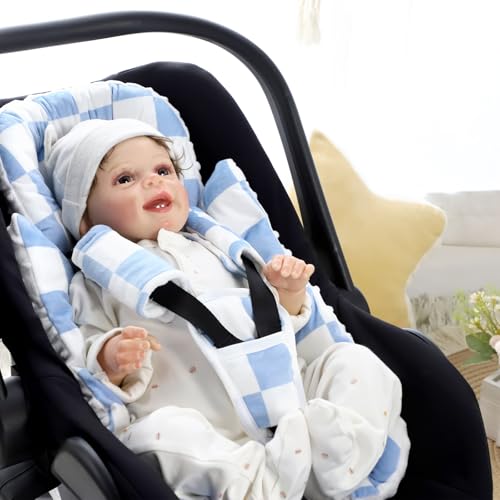 Image of DILIMI Infant Car Seat Insert, Baby Car Seat Head Support with 3 Strap Paddings, Soft Newborn Car Seat Cushion for Stroller, Swing, Bouncers, Blue Checkered
