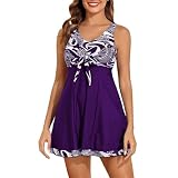 Maillot de bain tankini à la mode avec jupe et short court, maillot de bain deux pièces pour la plage et la piscine (Violet, XL)