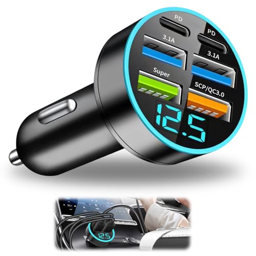 66W Chargeur De Voiture Double USB pour Type-C Android, 6 Ports Double PD & 3.1A Charge Rapide Allume Cigare avec Voltmètre LED Compatible avec MacBook Pro,...