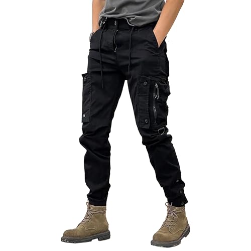DGHM-JLMY Men's Streetwear Cargo Pants Outdoor Casual Elastic Waist Trousers Slim Fit Fashion Work Pants with Pockets