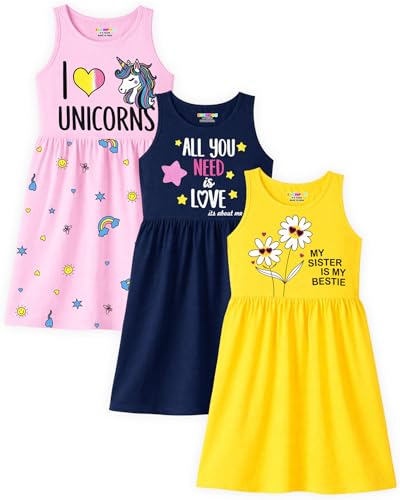 Image of Kuchipoo Girls Sleeveless Cotton Frock Dress | Printed Summer Dresses for Girls | Unicorn, Love & Floral Designs - Pack of 3