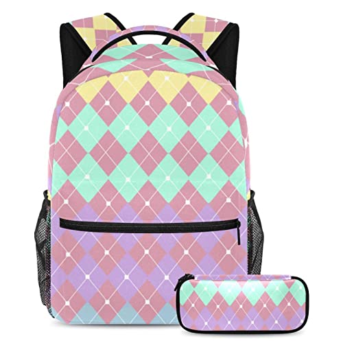 Sac à dos motif losange géométrique coloré, ensemble de cours 2 pièces avec trousse assortie
