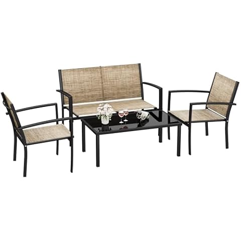Rankok 4 Pieces Patio Furniture Set Modern Patio Conversation Sets Textilene Outdoor Furniture Patio Chairs Set of 4 with Loveseat Coffee Table for Porch Lawn Pool and Balcony (Beige) Cover
