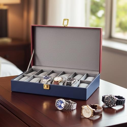 Image of MDF Unisex Faux Leather Watch Organiser Box with 12 Slots | Color: Maroon-Blue