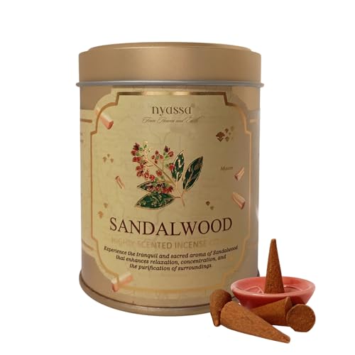 Image of Nyassa Sandalwood Incense Cone | Sandalwood Fragrance | Pure Long-Lasting Dhoop Cones for Pooja, Meditation, Home Fragrance | 40 Dhoop Cones in Tin Box (100g)