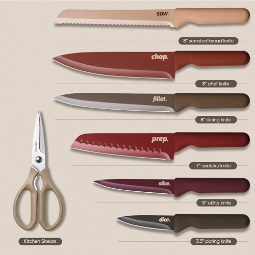 Image of CAROTE Knife Set with Letter, Knives with Kitchen Shears, 13-Piece | 6 Stainless Steel Knives, Nonstick Ceramic Surface & Blade Guards, Dishwasher Safe, Ergonomic Handles, Daily use