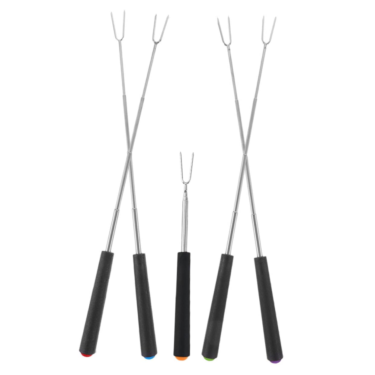 TOBBOMEY 5Pcs Extendable Stainless Steel Bbq Skewers with Plastic Handles for Roasting Marshmallows Sausages and Hot Dogs at Camping and Campfires