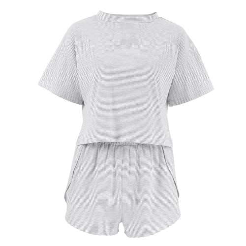 Split Short Pajama Set, Womens Striped Pajamas Set,Two Piece Set Striped Print Drop Shoulder Tee Wrap Split Shorts2