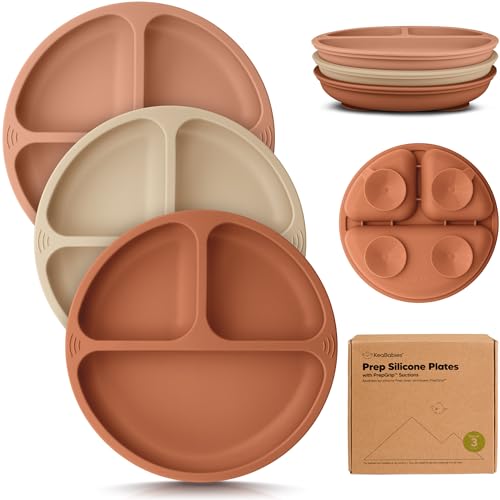 Image of KeaBabies Suction Plates for Baby, Toddler, 3pk, 100% Silicone (Terracotta) | Silicone Toddler Plates with Suction, Divided, Kids Baby Led Weaning Essentials, Dishwasher Safe, Microwave Safe, BPA-Free