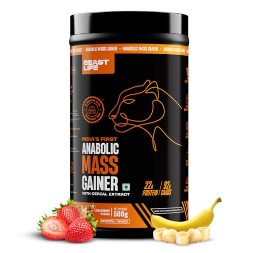 Image of BeastLife High Protein Mass /Weight Gainer | 500 Gram | Strawberry Banana | NABL LAB Tested | For Muscle Gain & Fast Growth | Cereal-Based Formula, No Maltodextrin | India's #1 Cereal Based Bulk Gainer