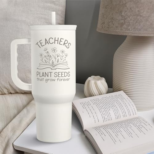 Image of SANDJEST Teacher Appreciation Gift - 40oz Stainless Steel Insulated Tumbler with Handle and Straw - Teacher Nutrition Facts Travel Coffee Mug Cup for Women Back to School Birthday Christmas