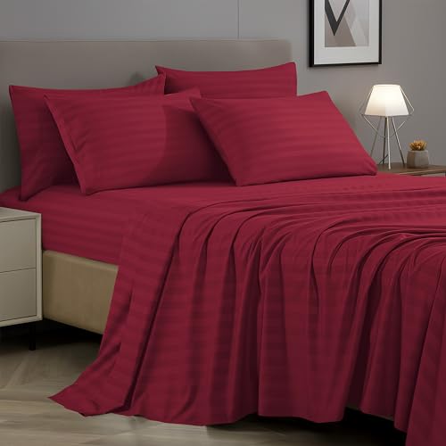 Elegant Comfort #1 Bed Sheet Set on Amazon - Super Silky Soft - 1500 Premier Hotel Quality Luxurious Wrinkle, Fade, Stain Resistant 6-Piece Stripe Bed Sheet Set, Full Burgundy