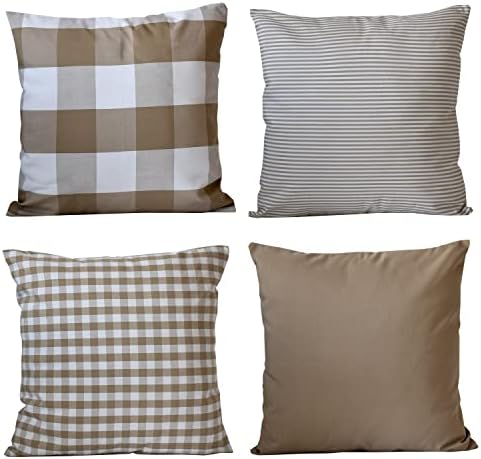 HOPLEE Farmhouse Pillow Cover Cushion Cover with Buffalo Plaid, Solid Beige, Striped and Gingham Plaid Design 24x24 Inches,4 Pack