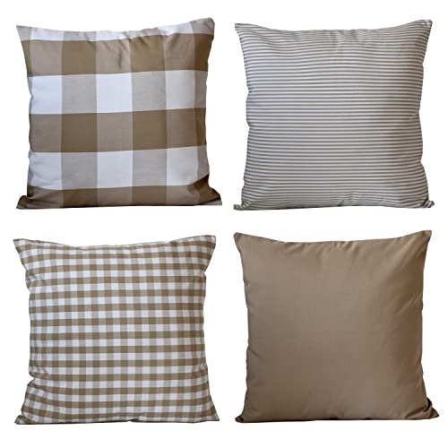 Hoplee Farmhouse Pillow Cover Cushion Cover With Buffalo Plaid, Solid Beige, Striped And Gingham Plaid Design 24X24 Inches,4 Pack #TOP7