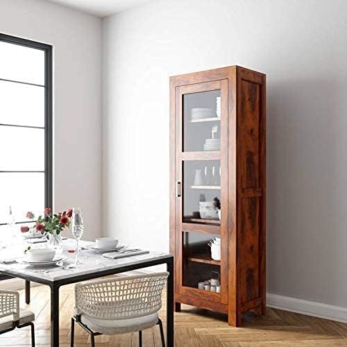 tgf furniture store modern glass display cabinet, solid wood frame with rustic brown finish, tall storage showcase with glass doors for living room, kitchen, or dining area