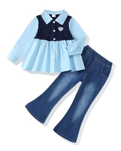 Image of SODLON Kids Toddler Girl Clothes Winter Outfits Shirt Top Bell Bottom Jeans Denim Pants Set Little Girl Fall Spring Clothing