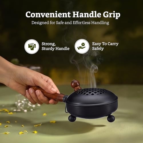 Image of Amazon Brand - Solimo Dhoop Dani with Handle (11.4 cm / 4.4 Inch) | Incense & Loban Burner Dhuni Stand | Durable Iron Body with Black Finish | Round Design | Safe Grip Handle | Ideal for Home, Office & Temple Pooja