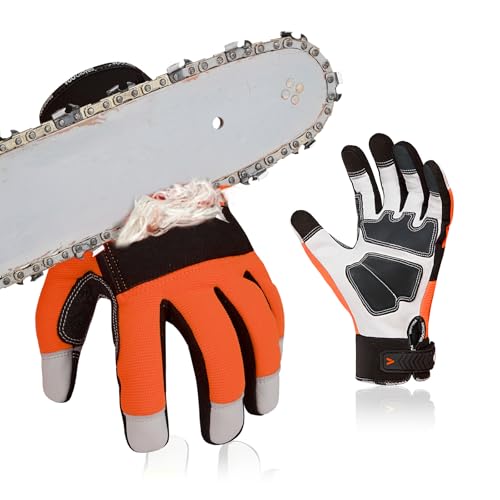 Vgo... Gants de Protection Contre les Tronçonneuses EN381-7, Classe 1, 20 m/s, Protection Contre les Coupures, Haute Résistance aux Coupures, en Cuir de Chèvre et PVC(GA8912/L/Orange/1 paire)