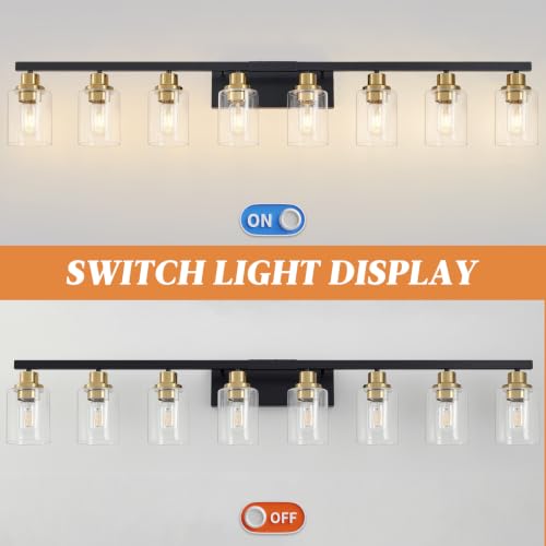 Image of 8-Light Bathroom Light Fixture Black and Gold Vanity Lights,52 inch | Vanity Lights for Bathroom,Clear Glass Shade,over Mirror,Modern Wall Sconces Farmhous Wall Mounted for Bathroom,E26 Base