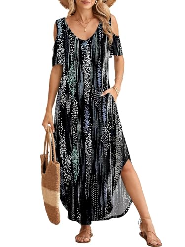 Image of BELAROI Womens Cold Shoulder Maxi Dress Plus Size V Neck Summer Sundresses with Pockets Beach Coverup Vacation Outfits