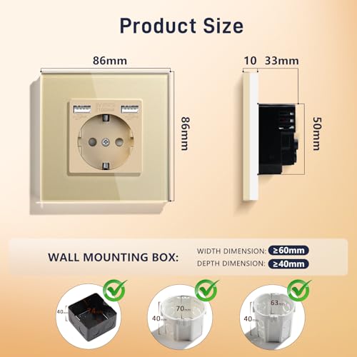 BSEED USB Steckdose Golden - Schuko Mit USB Anschluss (Max. 2.1A) Unterputz Glas Schutzkontakt-Ladeger&auml;t F&uuml;r Handys, Laptops Etc