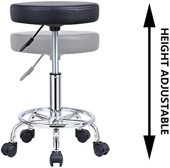 KKTONER PU Leather Round Rolling Stool with Foot Rest Swivel Height Adjustment Spa Drafting Salon Tattoo Work Office Massage Stools Task Chair (Black)