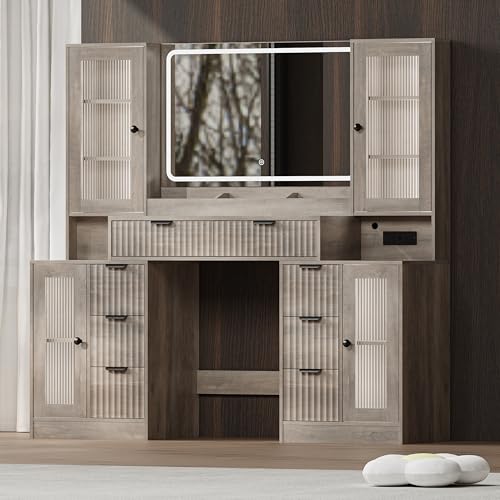Image of Fluted Makeup Vanity Desk with Mirror and Lights, 55 inch Glass Top Vanity with 8 Drawers & 4 RGB Glass Cabinets, Adjustable Shelves & Power Outlet, Modern Dressing Table Set for Women Girls Bedroom