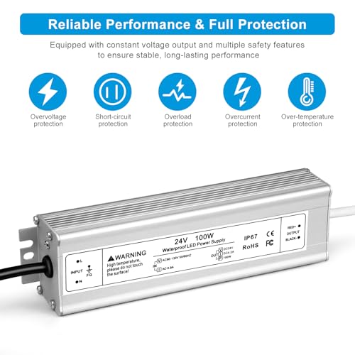 Image of 24V 100W LED Power Supply, IP67 Waterproof LED Driver, AC 110V to DC 24 Volt 4.2A Low Voltage Transformer Converter for Outdoor LED Strip & Landscape Lighting, 3-Prong Plug with 3.3FT Cable