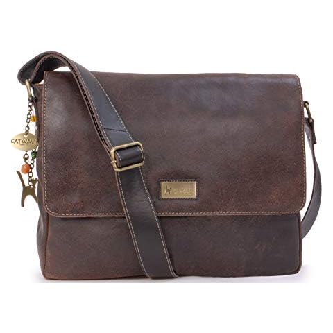 Catwalk Collection Handbags - Ladies Large Distressed Leather Messenger Bag - Women's Cross Body Organiser Work Bag - Laptop/Tablet Bag - SABINE L - Brown Cover