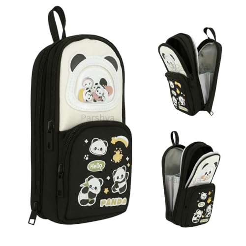 Image of Parshya Cute Pencil Pouch for Kids | Large Capacity Pencil Case for School & Tuition | Multi-Compartment Stationery Organizer with Mesh Pocket & Smooth Zippers | Black