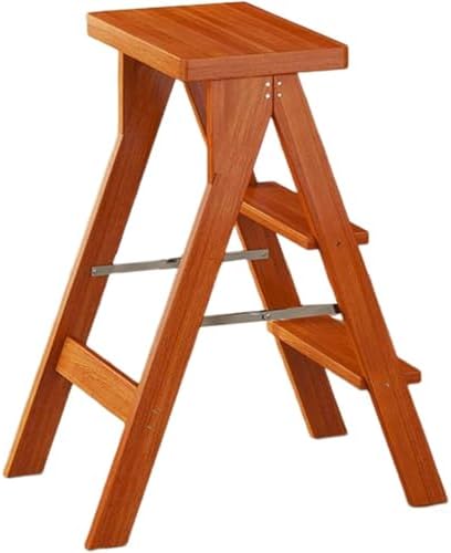 Wooden Folding Library Ladder Chair - Convertible Stool & Stepladder for Adults, Max Weight 100kg, Wine Red with Cushion, Portable Design & Flower Shelf Feature