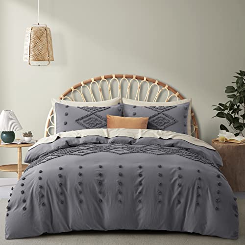 Oli Anderson Tufted Duvet Cover Queen Size, Soft and Lightweight Duvet Covers Set for All Seasons, 3 Pieces Boho Embroidery Shabby Chic Bedding Set (Beige, Queen, 90" x 90") Full/Queen(90"×9