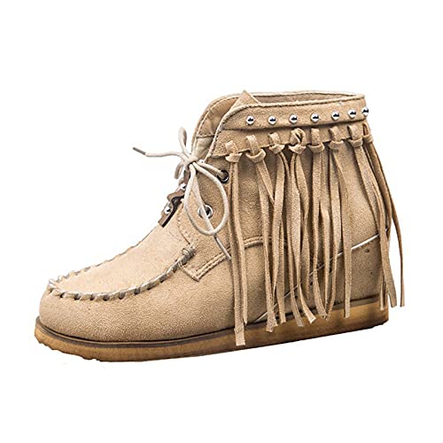 Fullwei Boots for Women,Women Round Toe Flock Fringe Booties Ladies Lace up Chukka Chelsea Combat Work Causal Walking Work Boot Shoe (Khaki, 8)