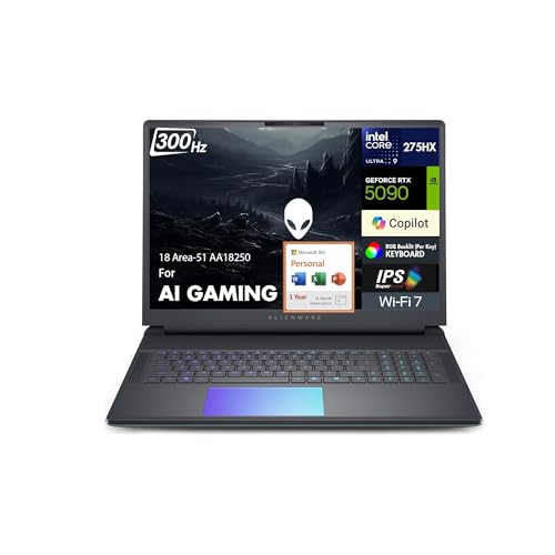 Image of Alienware 18 Area-51 AA18250 AI Gaming Laptop 18 inch WQXGA (Intel Ultra 9-275HX, GeForce RTX 5090 24GB, 64GB DDR5, 3x1TB SSD R0 (3TB), Win 11 Pro) w /MS 365 Personal, DKZ USB Port Expander