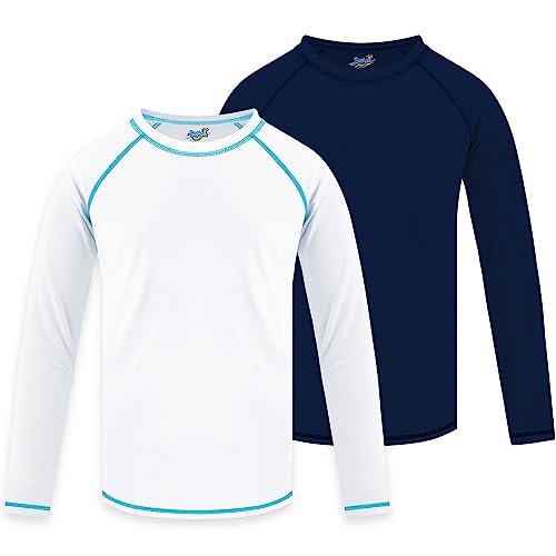Semois 2Pack Rash Guard for Boys White & Navy Blue Swim Shirt Long Sleeve for Toddler Kids 3T Rashguard Water Swimwear UPF+ 50 Swimming Shirt