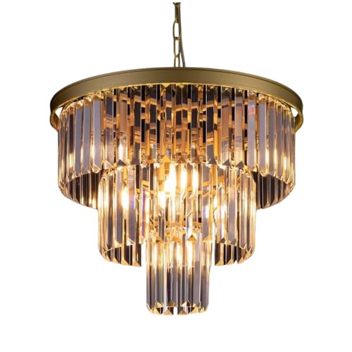 MOSSODOR Modern Crystal Gold and Smoky Grey E14 Bulb Based Chandelier Ceiling Light Pendant Light Lampshade-Dining Room Lights - Image 2