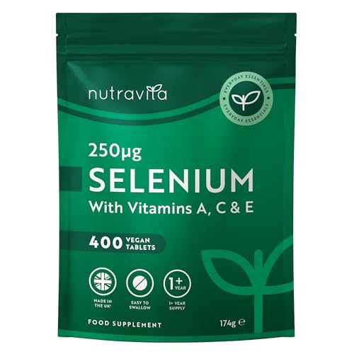 Nutravita Selenio 250µg ACE con Vitamina A, C y E – 400 tabletas veganas (suministro 1+ año) – Apoya sistema inmunitario y tiroides – Para cabello, piel y uñas – Fabricado en Reino Unido